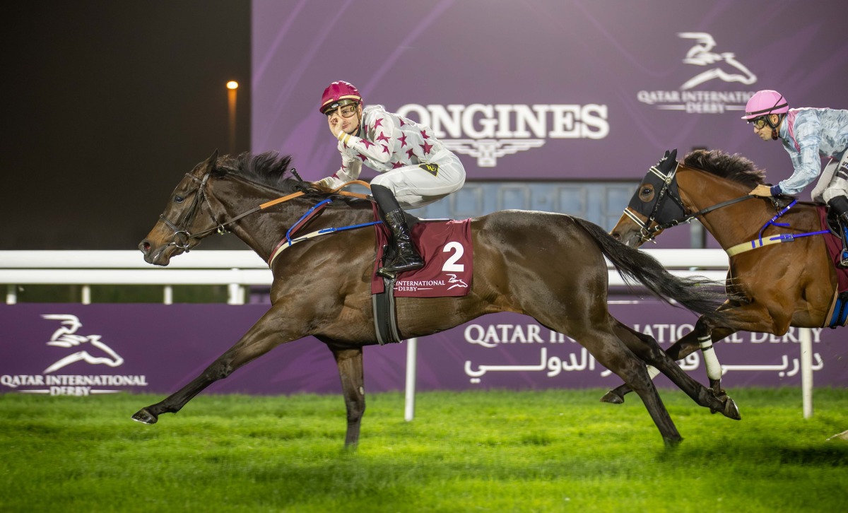 Jockey Lukas Delozier celebrates after guiding Bint Mohaather to win the QA Listed Qatar Oaks. Pictures: Juhaim/QREC
