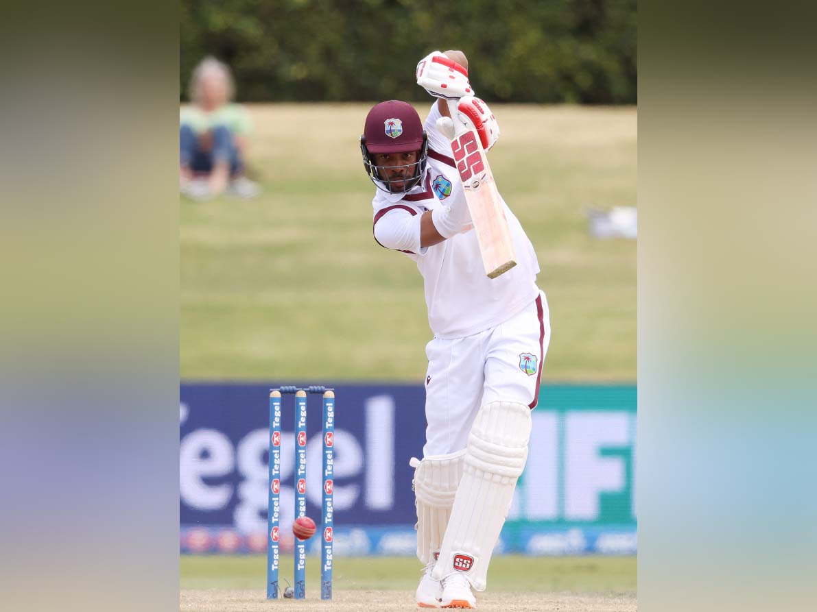 West Indies' Roston Chase bats during day five of the 3rd international Test cricket match between New Zealand and West Indies at Bay Oval in Mount Maunganui, Tauranga, New Zealand on December 22, 2025. (Photo by Michael Bradley / AFP)