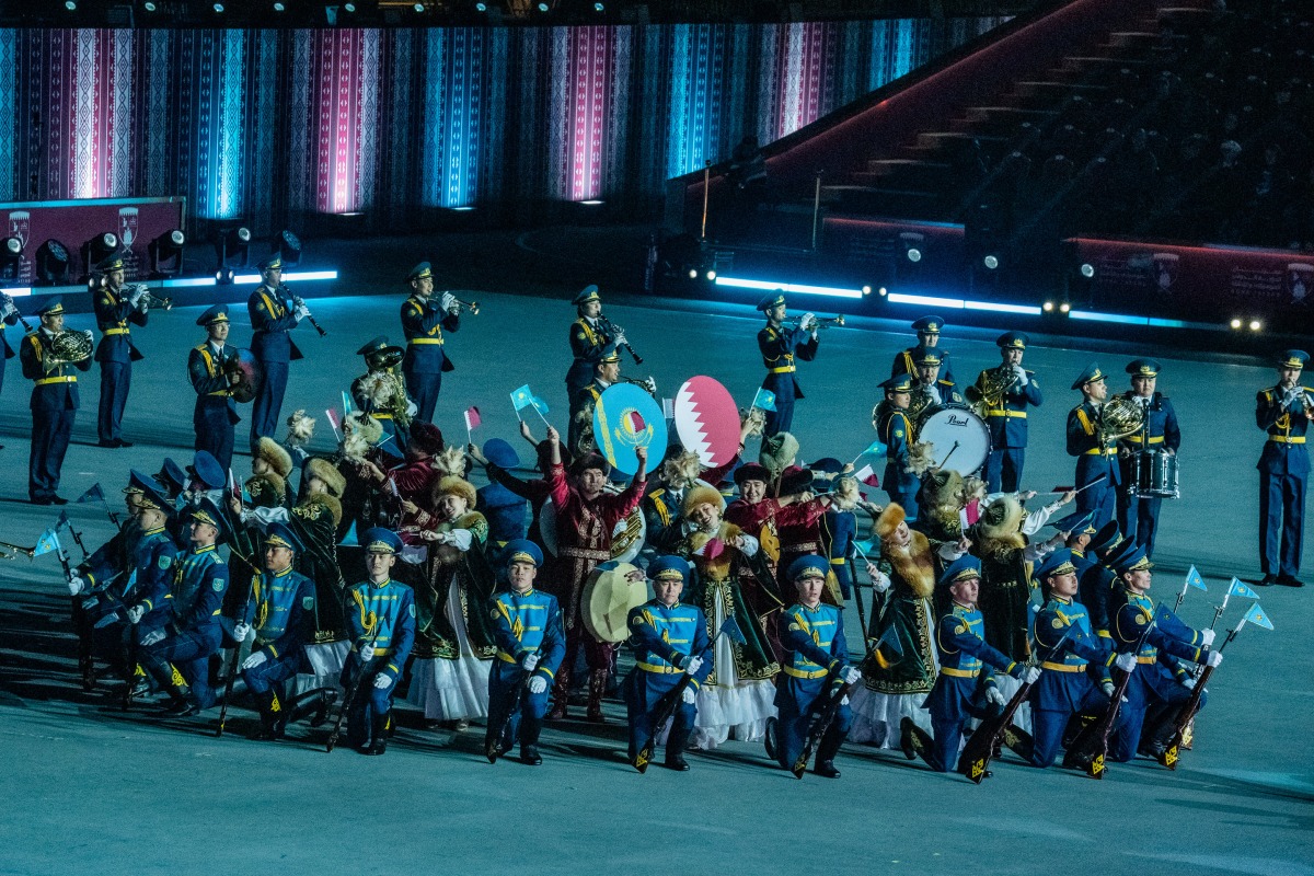 Central Military Band of the Armed Forces of the Republic of Kazakhstan performing 'Lel Ulla Ya Watani' at The Pearl-Qatar.