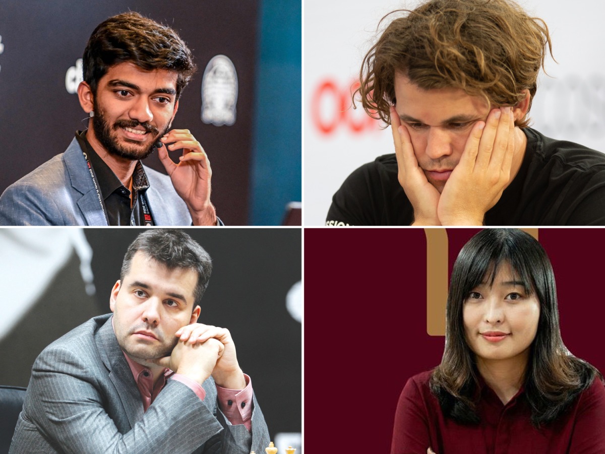 Clockwise from top left: India’s Gukesh Dommaraju, Norway's Magnus Carlsen, China's Ju Wenjun, and Ian Nepomniachtchi from Russia