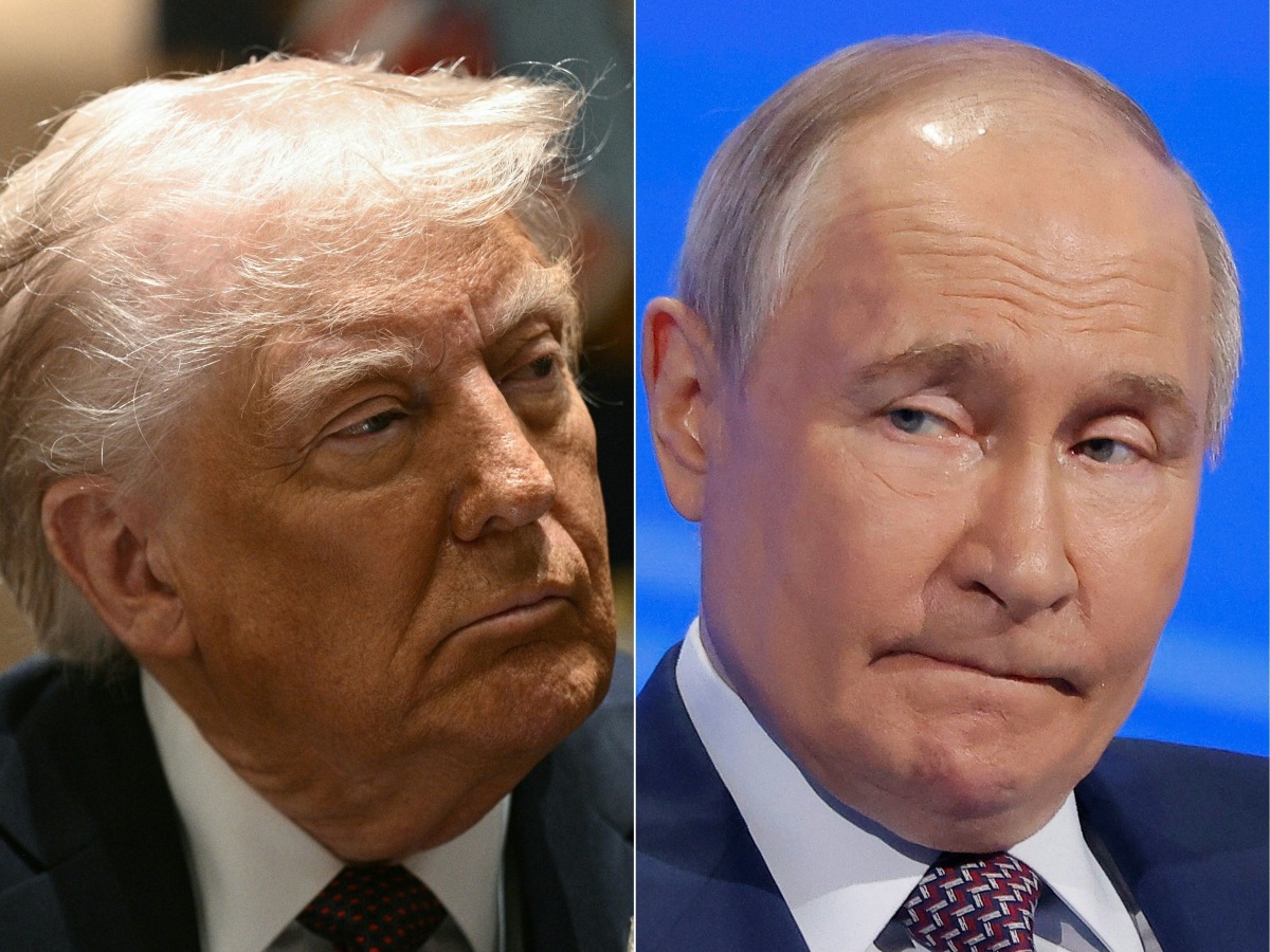 (COMBO) This combination of pictures created on March 30, 2025 shows US President Donald Trump at the White House on March 24, 2025, in Washington, DC and Russian President Vladimir Putin in Moscow on March 18, 2025. (Photo by Brendan SMIALOWSKI and Maxim Shemetov / AFP)