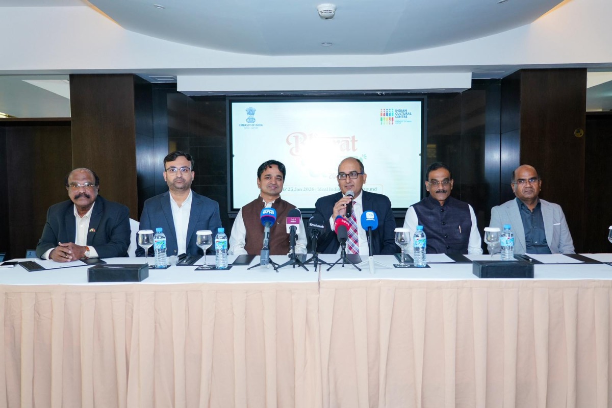 Ambassador of India to Qatar H E Vipul with other officials addressing a press conference. 