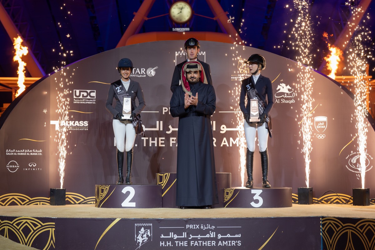 Qatar Olympic Committee President, Chairman of Al Shaqab, and President of the Doha Equestrian Tour Organizing Committee H E Sheikh Joaan bin Hamad Al Thani crowned the podium winners of CSI5* 1.60m Grand Prix Jump-Off at the Longines Outdoor Arena, Al Shaqab.