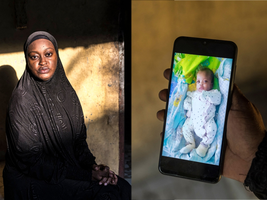 Collage of Mariam Soumah (left) at her home in Conakry and a photo of her daughter Sabina on December 29, 2025. (Photo by Patrick Meinhardt / AFP)