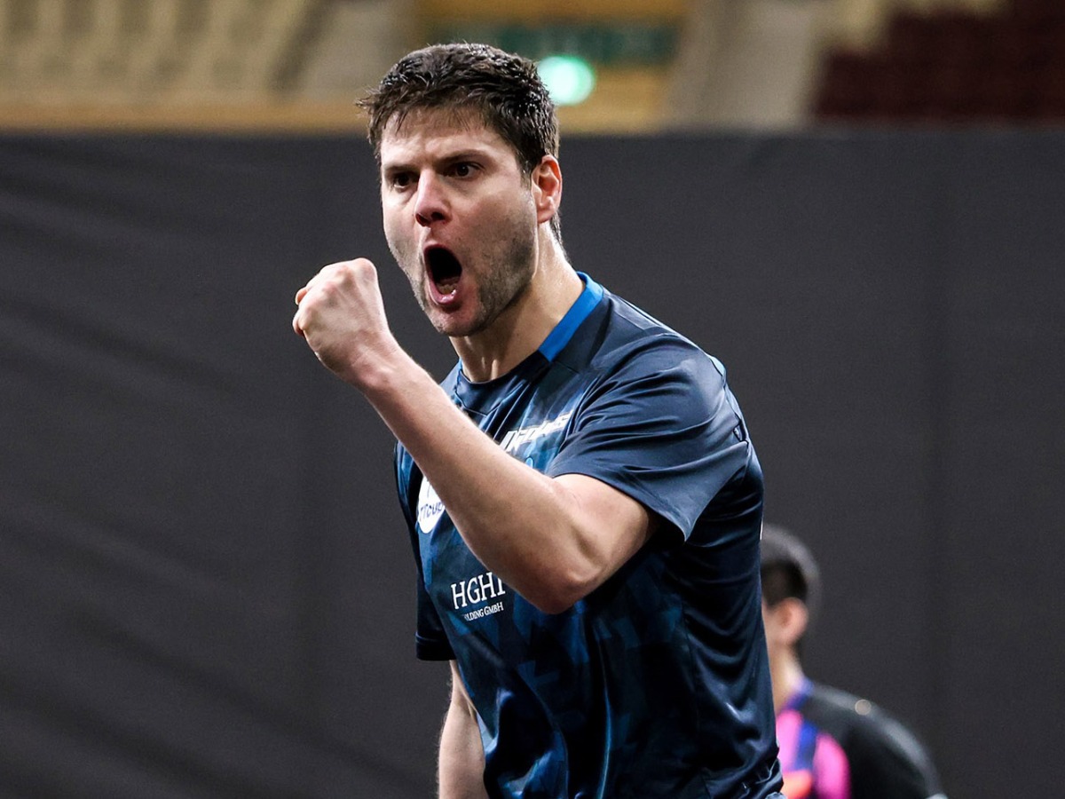 Germany’s Dimitrij Ovtcharov celebrates his win over top seed Lin Shidong of China.
