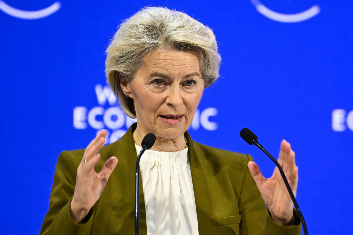 European Commission President Ursula von der Leyen gestures as she delivers a speech during the World Economic Forum (WEF) annual meeting in Davos on January 20, 2026. Photo by Fabrice COFFRINI / AFP