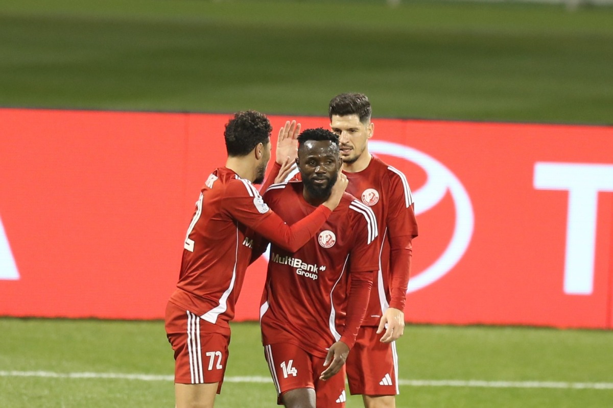 Al Shamal players celebrate a goal against Al Kharaitiyat yesterday. 