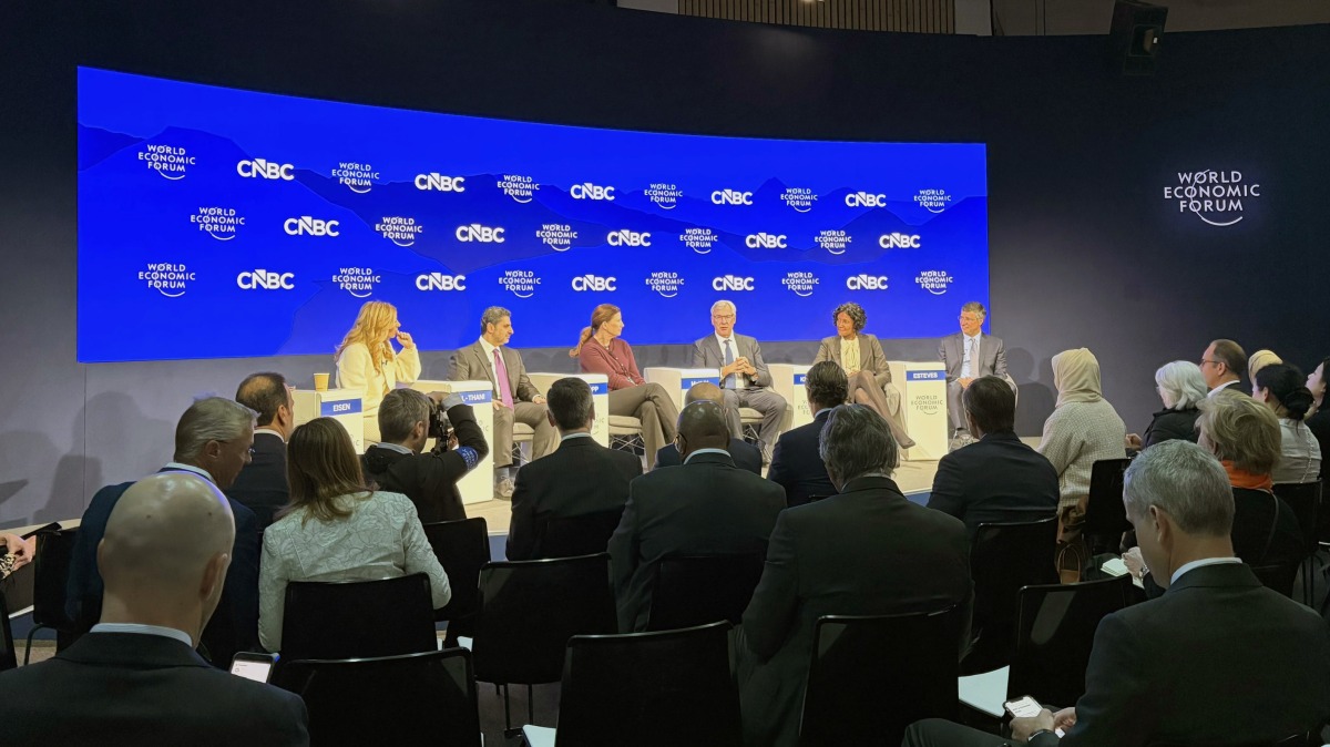 QCB  Governor H E Sheikh Bandar bin Mohammed bin Saoud Al Thani with other panelists during the panel discussion at the World Economic Forum 2026 in Davos, Switzerland.