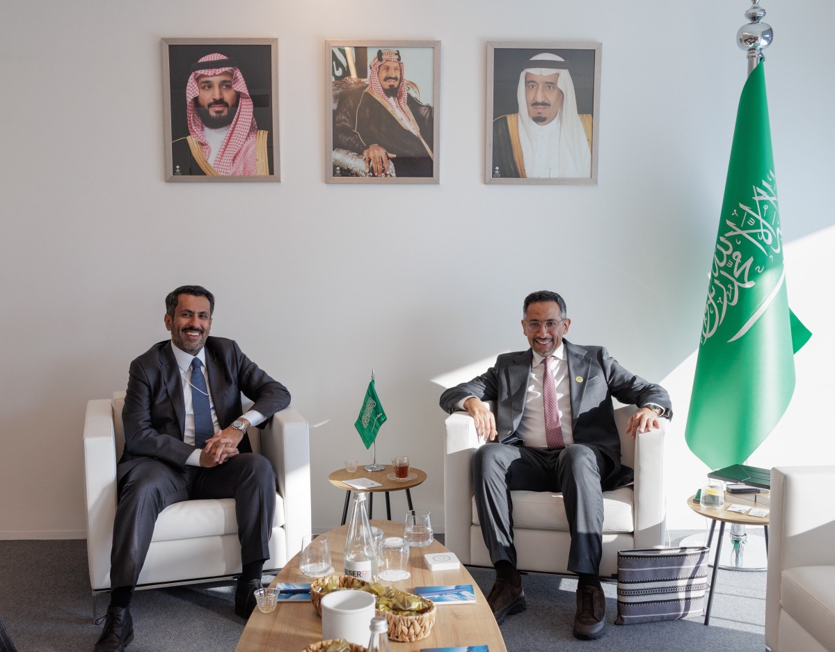 Minister of Commerce and Industry H E Sheikh Faisal bin Thani bin Faisal Al Thani with Minister of Industry and Mineral Resources of the Kingdom of Saudi Arabia H E Eng. Bandar bin Ibrahim Al-Khorayef during the meeting.