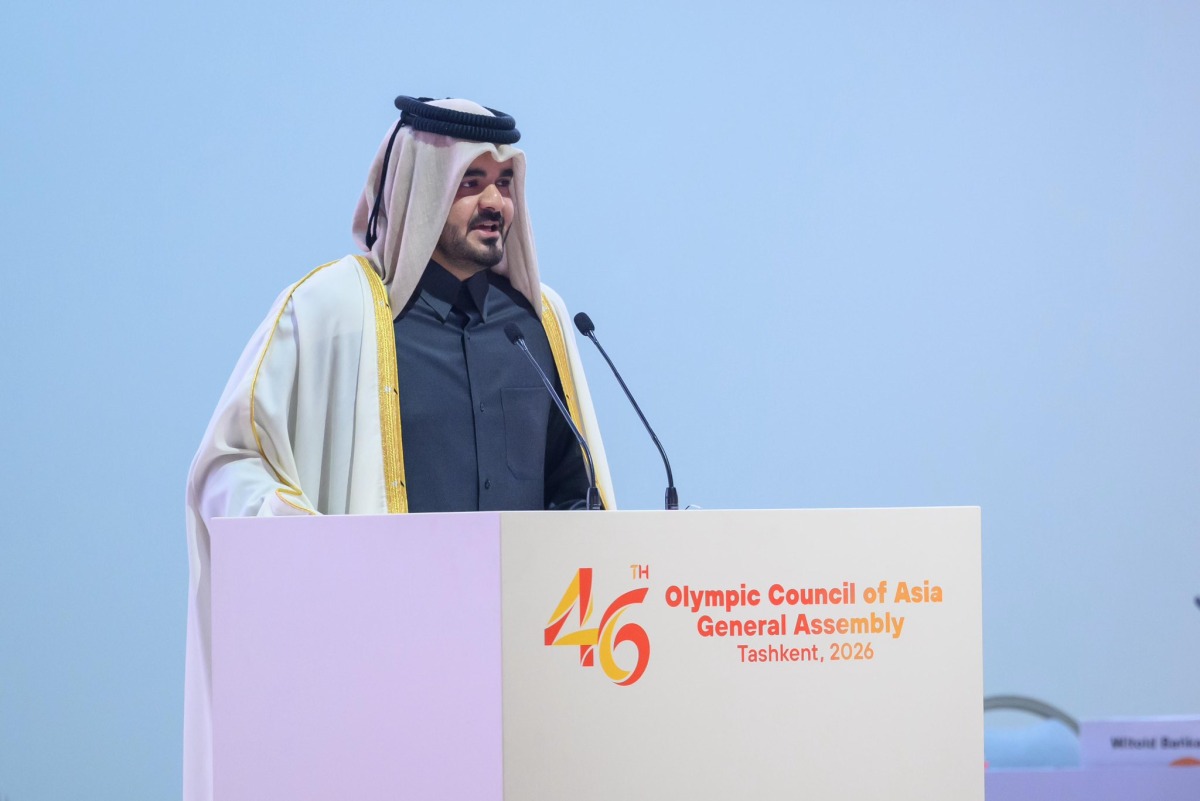 President of the Olympic Council of Asia (OCA) H E Sheikh Joaan bin Hamad Al Thani speaks during OCA’s 46th General Assembly in Tashkent, Uzbekistan, yesterday.