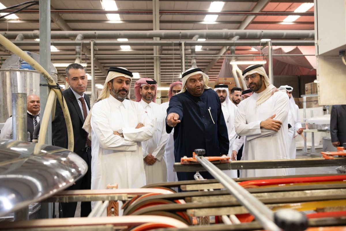 Minister of Commerce and Industry H E Sheikh Faisal bin Thani bin Faisal Al Thani touring one of the factories, yesterday.