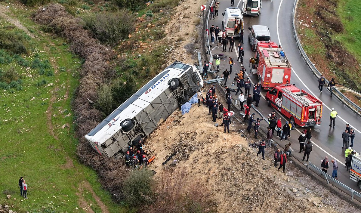 This handout photograph taken and released on February 1, 2026 by Turkish news agency DHA (Demiroren News Agency) shows an aerial view of a Bus accident where first aid official work in Antalya. Photo by Handout / DHA (Demiroren News Agency) / AFP