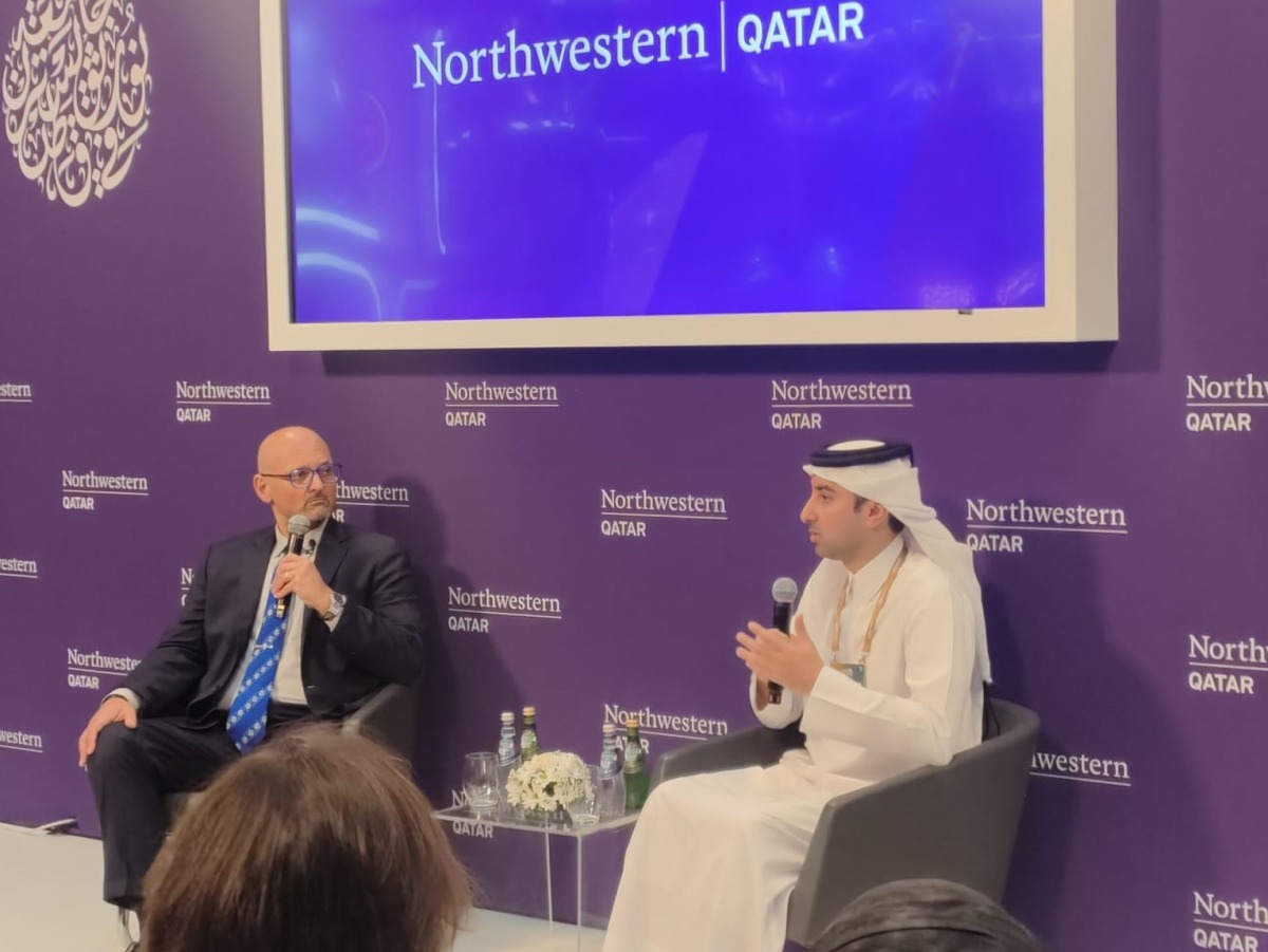 Director of the Government Communications Office (GCO) and Chairman of the Permanent Web Summit Organising Committee, H E Sheikh Jassim bin Mansour bin Jabor Al-Thani in conversation with Dean and CEO Marwan M. Kraidy