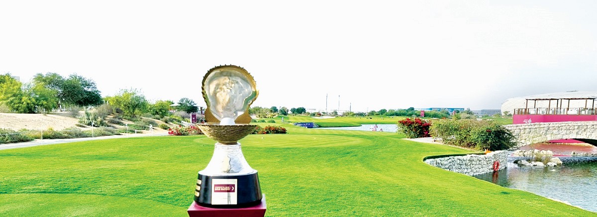 The Qatar Masters winner’s Mother of Pearl Trophy on display at Doha Golf Club.