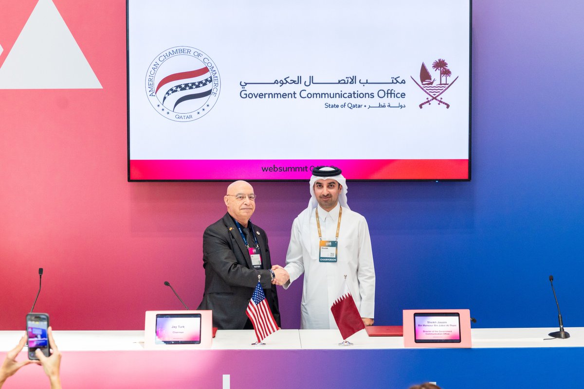 GCO Director and Chairman of the Permanent Web Summit Organizing Committee H E Sheikh Jassim bin Mansour bin Jabor Al-Thani and Chairman of AmCham Jay Turk during the MoU signing.