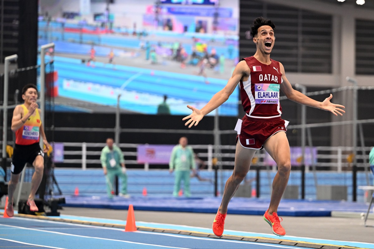 Qatar's Zakaria Elahlaami celebrates after winning 1500m final. PICS: Xinhua 