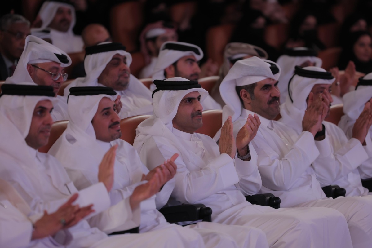 Minister of Culture H E Sheikh Abdulrahman bin Hamad bin Jassim bin Hamad Al-Thani (third left) and other officials during the opening ceremony of the forum yesterday.