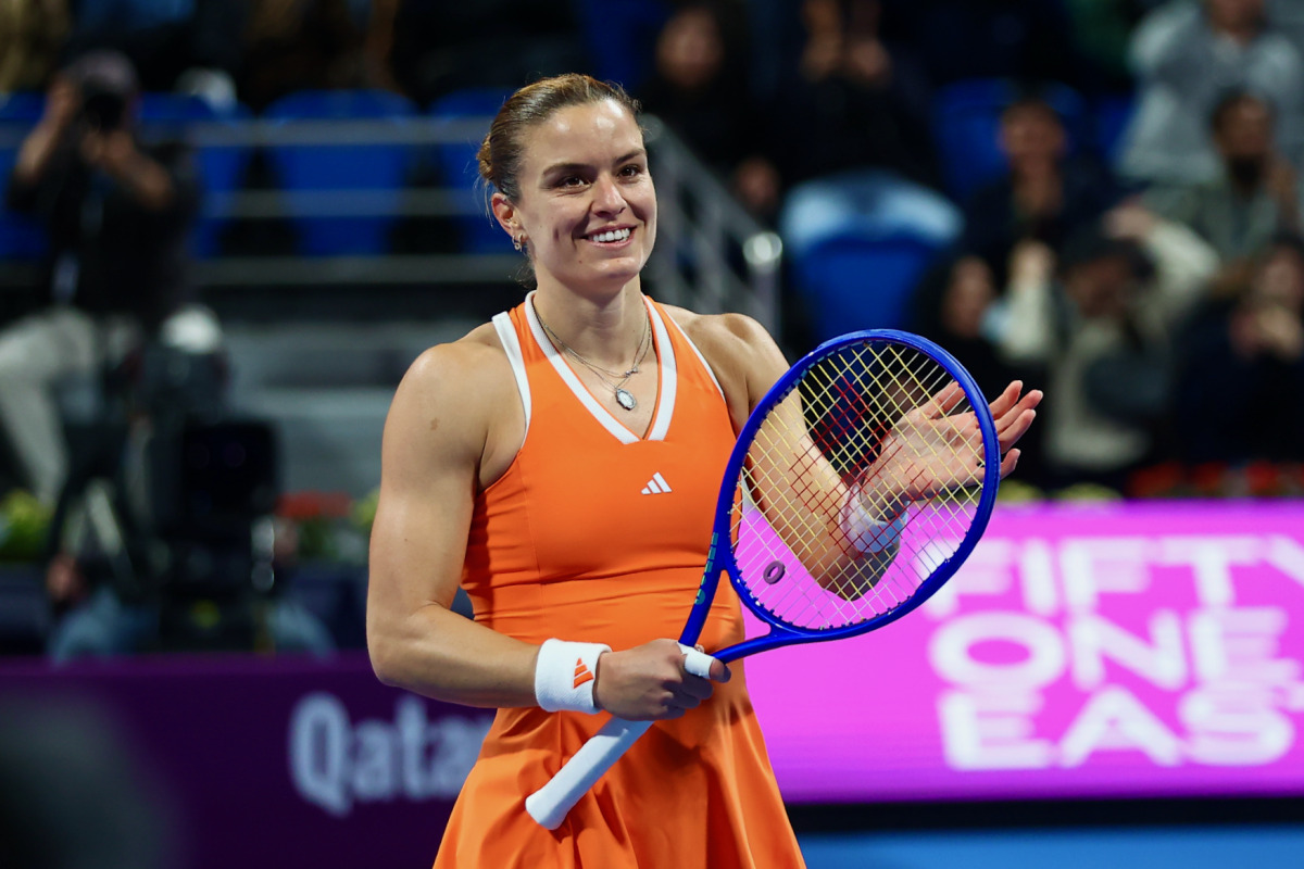 Maria Sakkari reacts after defeating Iga Swiatek. 