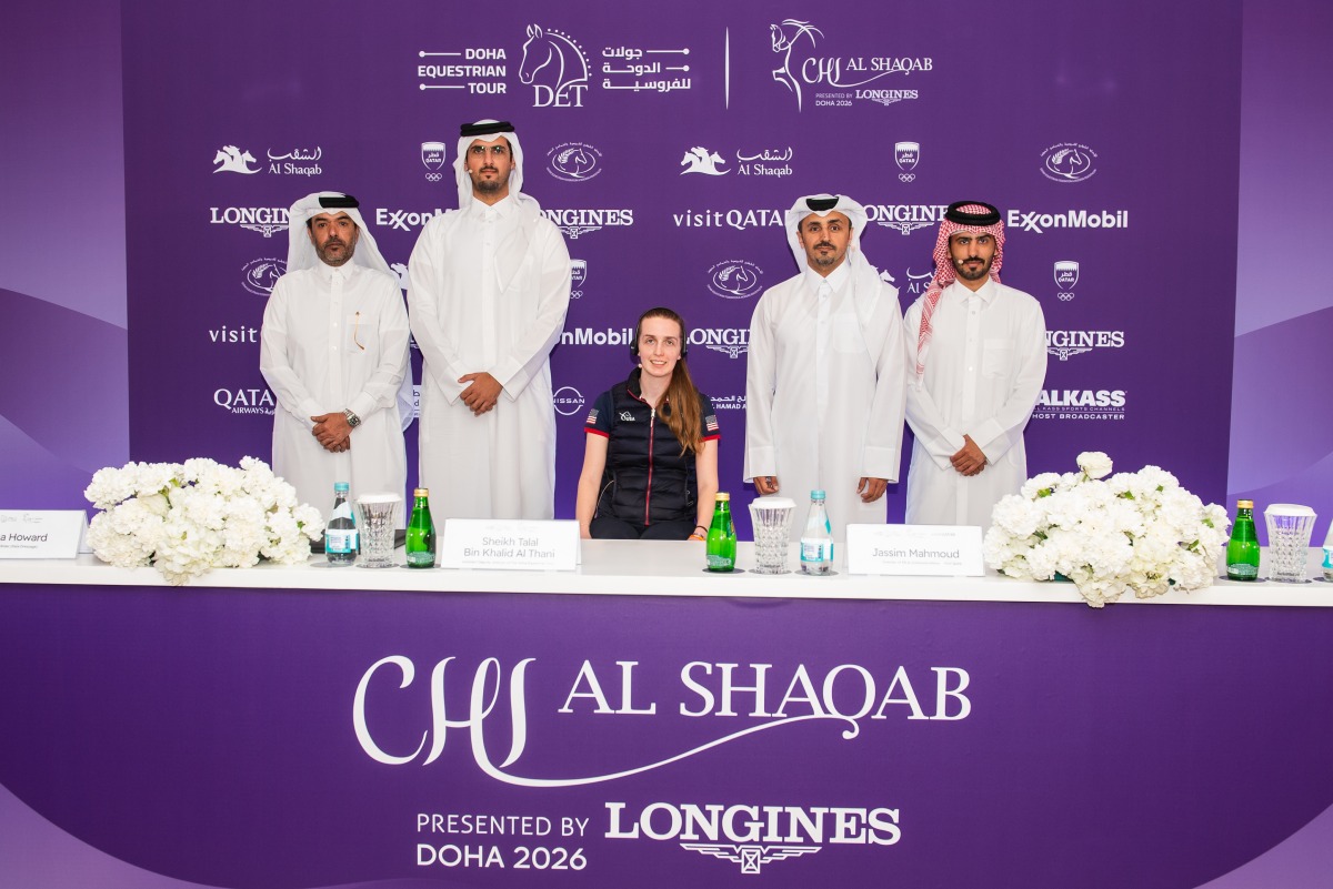 Assistant Deputy Director of the Doha Equestrian Tour Sheikh Talal bin Khalid Al-Thani, Director of Communications and Public Relations at Visit Qatar Jassim Al Mahmoud, American para dressage rider Fiona Howard and Director of Marketing and Communications Abdullah Al Qashouti pose for a group photo after the press conference.  