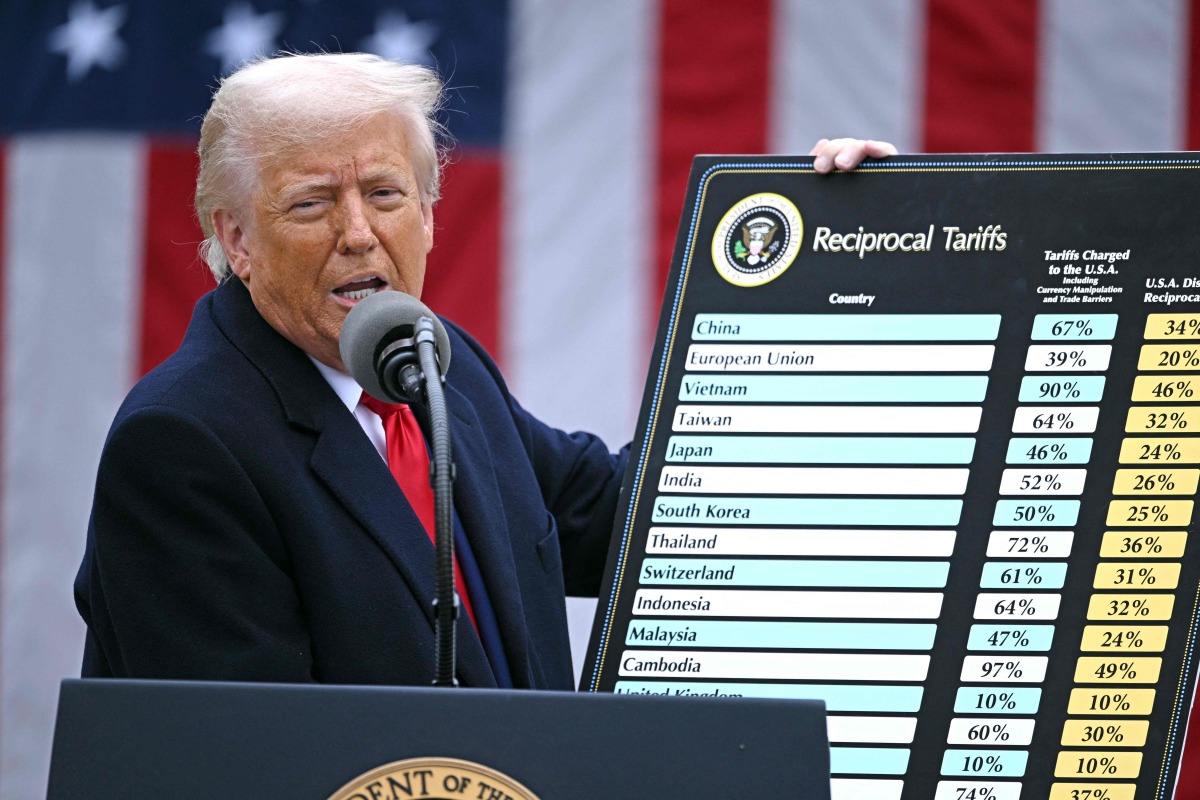 US President Donald Trump holds a chart as he delivers remarks on reciprocal tariffs during an event in the Rose Garden entitled 