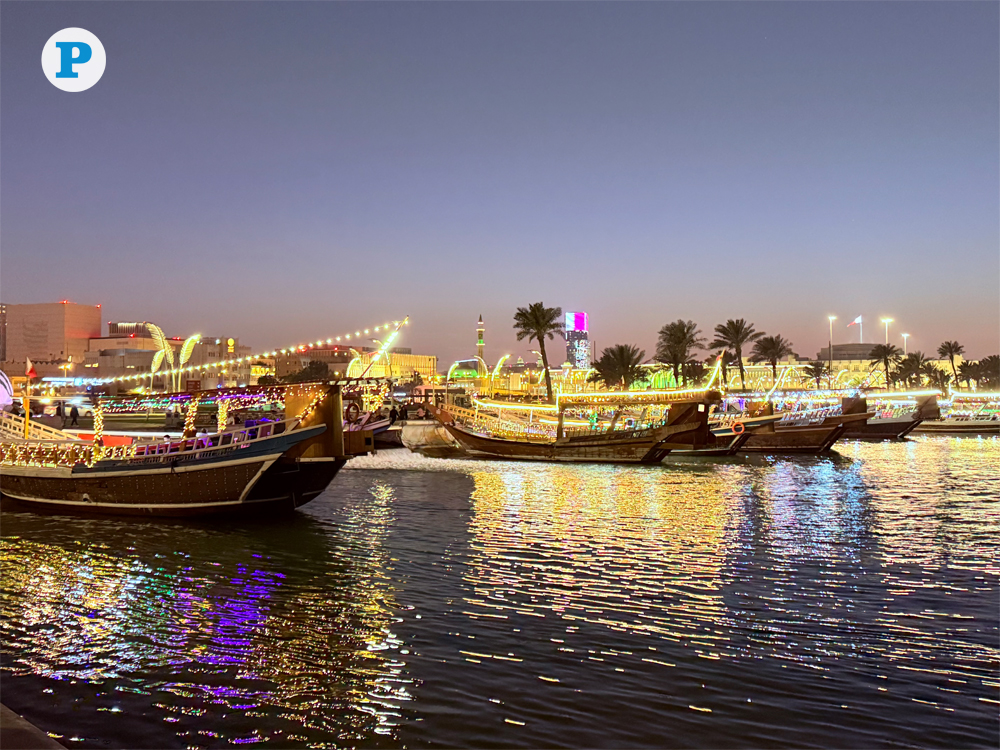 Traditional wooden dhows illuminated with decorative lights are seen moored along the Doha Corniche on February 21, 2026. Photo by Vishnu Prasad KS/ The Peninsula