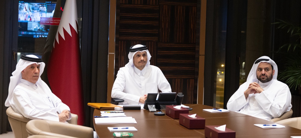 Prime Minister and Minister of Foreign Affairs H E Sheikh Mohammed bin Abdulrahman bin Jassim Al-Thani with Minister of State for Foreign Affairs H E Sultan bin Saad Al Muraikhi and Minister of State at the Ministry of Foreign Affairs H E Dr. Mohammed bin Abdulaziz bin Saleh Al Khulaifi during extraordinary meeting of GCC Ministerial Council.