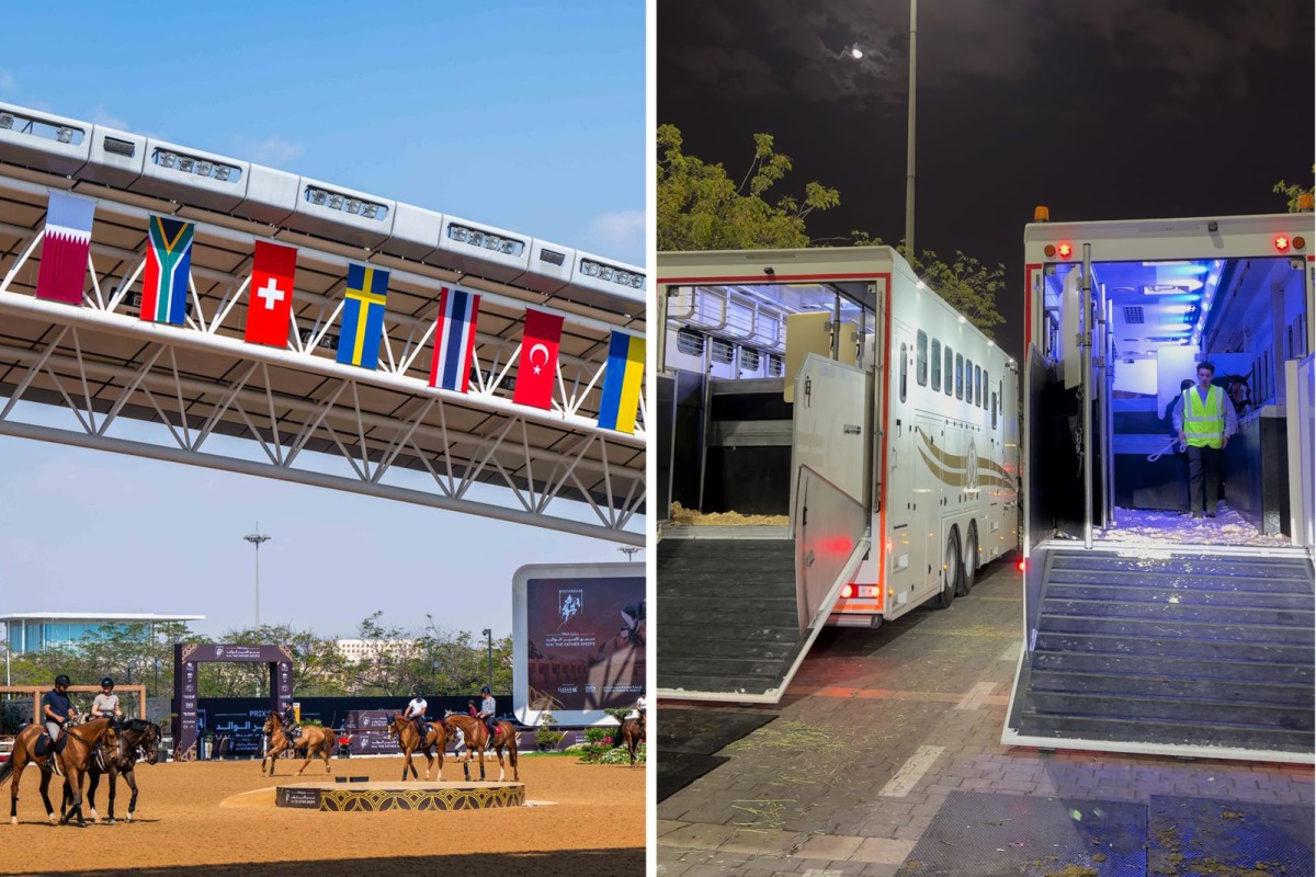 While some riders, trainers and horses remain at the Longines Arena at Al Shaqab (left), few horses were transported to Europe via two emergency flights.