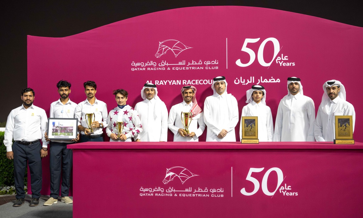 The Late Yousef Al Romaihi Cup trophy was presented to the connections of Sussex by Ali, Fahad, and Mubarak Yousef Al Romaihi, in the presence of Deputy Director of the QREC Registration & Studbook Department Saad Ali Al Kubaisi.
