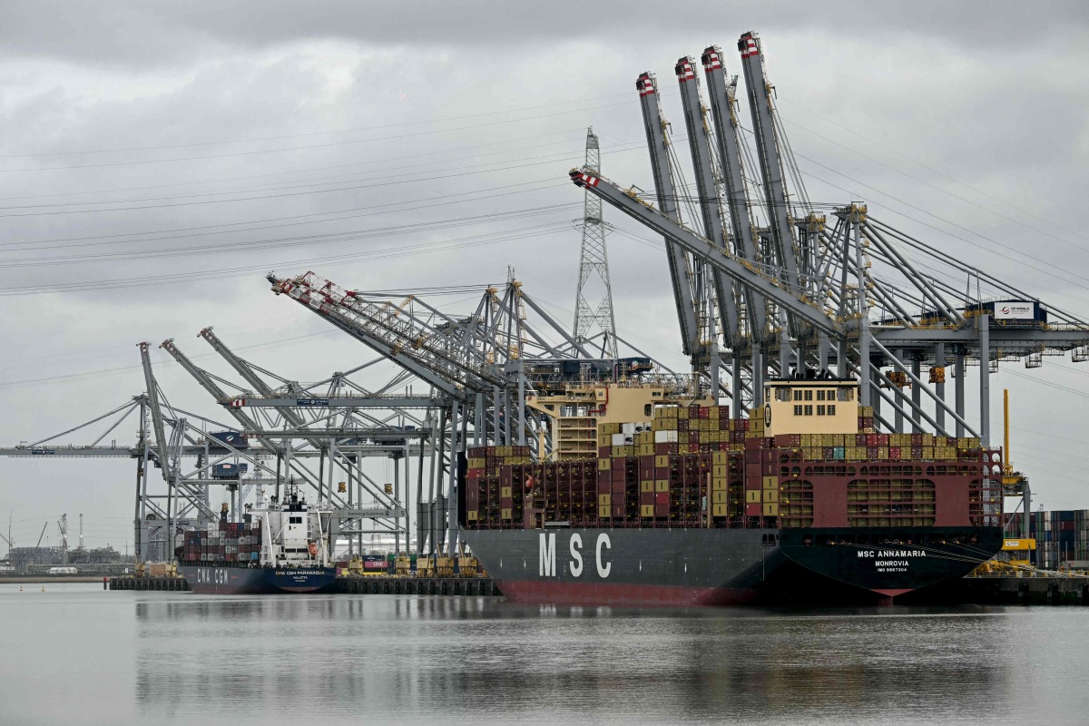 An MSC operated container ship is docked in a harbour basin in Europe's second-largest port of Antwerp, northern Belgium, where shipping is largely halted following an oil spill at one of its docks, on April 10, 2026. Photo by NICOLAS TUCAT / AFP