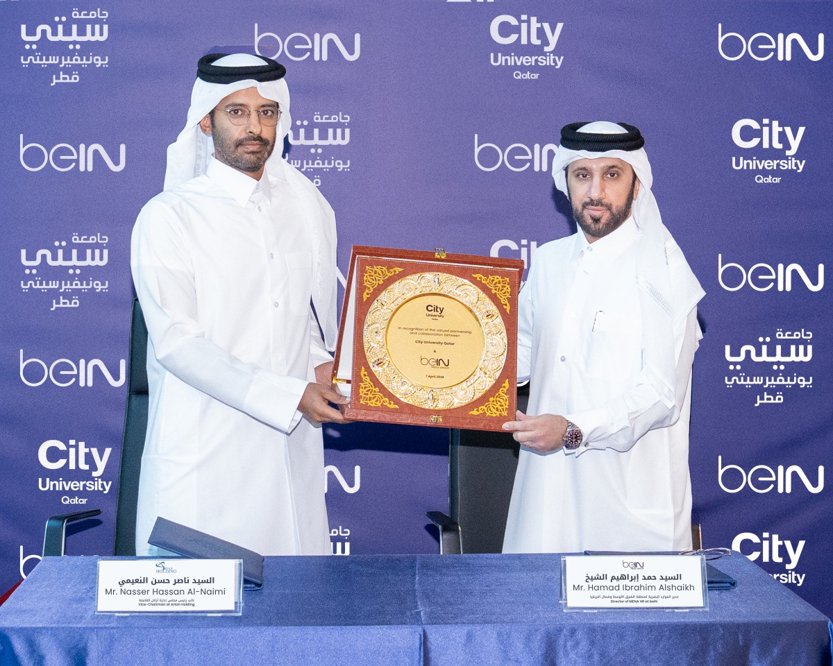 beIN’s Director of MENA HR Hamad Ibrahim Al-Shaikh and Vice-Chairman at Artan Holding Nasser Hassan Al-Naimi during the signing of the agreement.