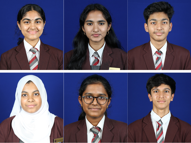 Clockwise from top left: Shamita Adiga (school topper), Harreni Shunmuga Sundara Rajan, Garv Gupta, Ishaan Anees Moidu, Mridula Arun Prakash and Mariam Nasim.
