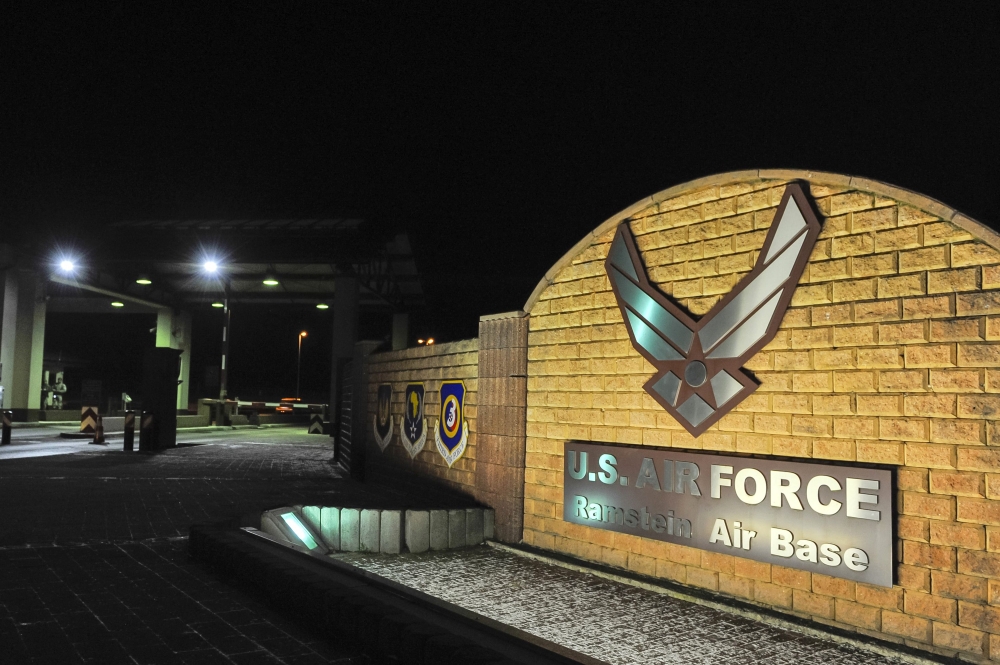 (Files) A picture taken on January 17, 2016, shows the logo at the entrance of the US Air base in Ramstein. (Photo by Jean-Christophe Verhaegen / AFP)