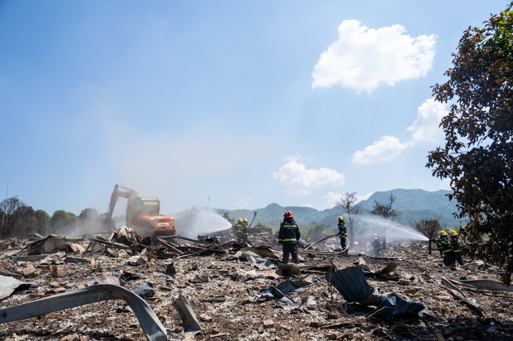 Rescuers work on site after an explosion at a fireworks plant in Liuyang, central China's Hunan Province, May 5, 2026. (Xinhua/Chen Sihan)
