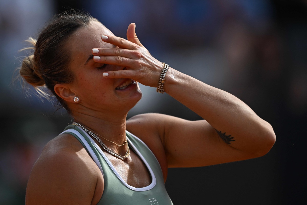 Belarus' Aryna Sabalenka reacts during her match against Romania's Sorana Cirstea during the WTA Rome Open tennis tournament at Foro Italico in Rome on May 9, 2026. (Photo by Tiziana FABI / AFP)