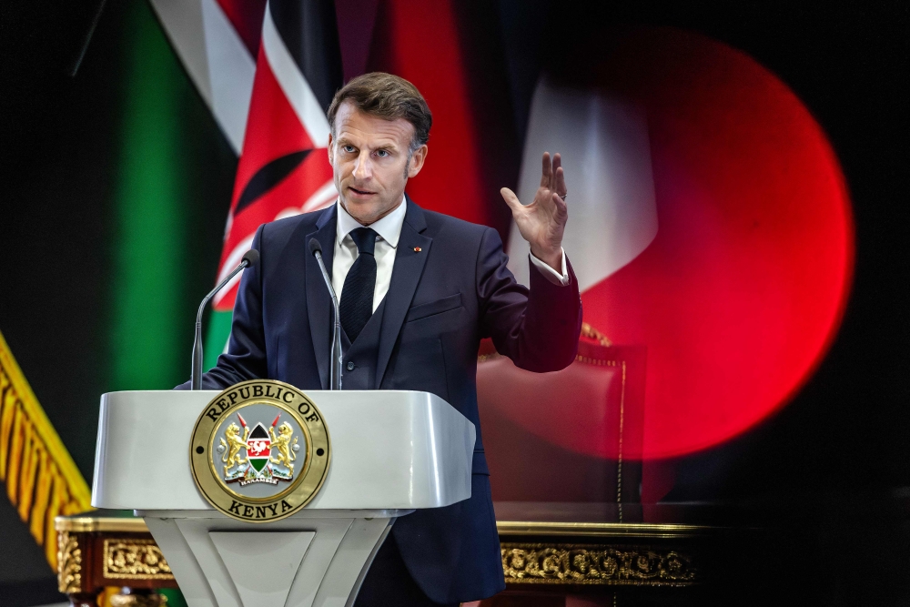 French President Emmanuel Macron speaks during the signing of bilateral agreements with Kenya at State House ahead of the Africa Forward: Africa- France Partnerships for Innovation and Growth Summit in Nairobi, on May 10, 2026. (Photo by Luis Tato / AFP)