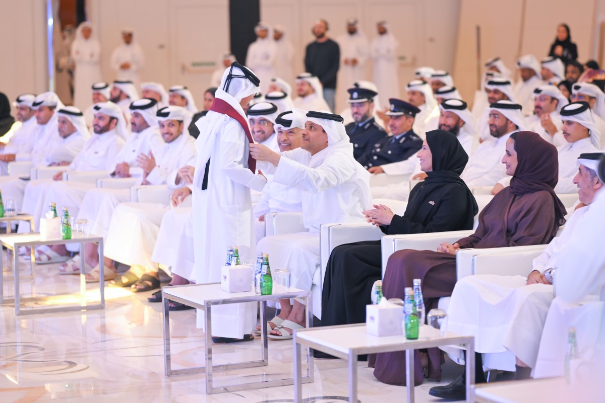 Speaker of Shura Council H E Hassan bin Abdullah Al Ghanim and Deputy Prime Minister and Minister of State for Defense Affairs H E Sheikh Saud bin Abdulrahman bin Hassan Al Thani with Their Excellencies Ministers and other dignitaries during the launch of  National Volunteer Platform.