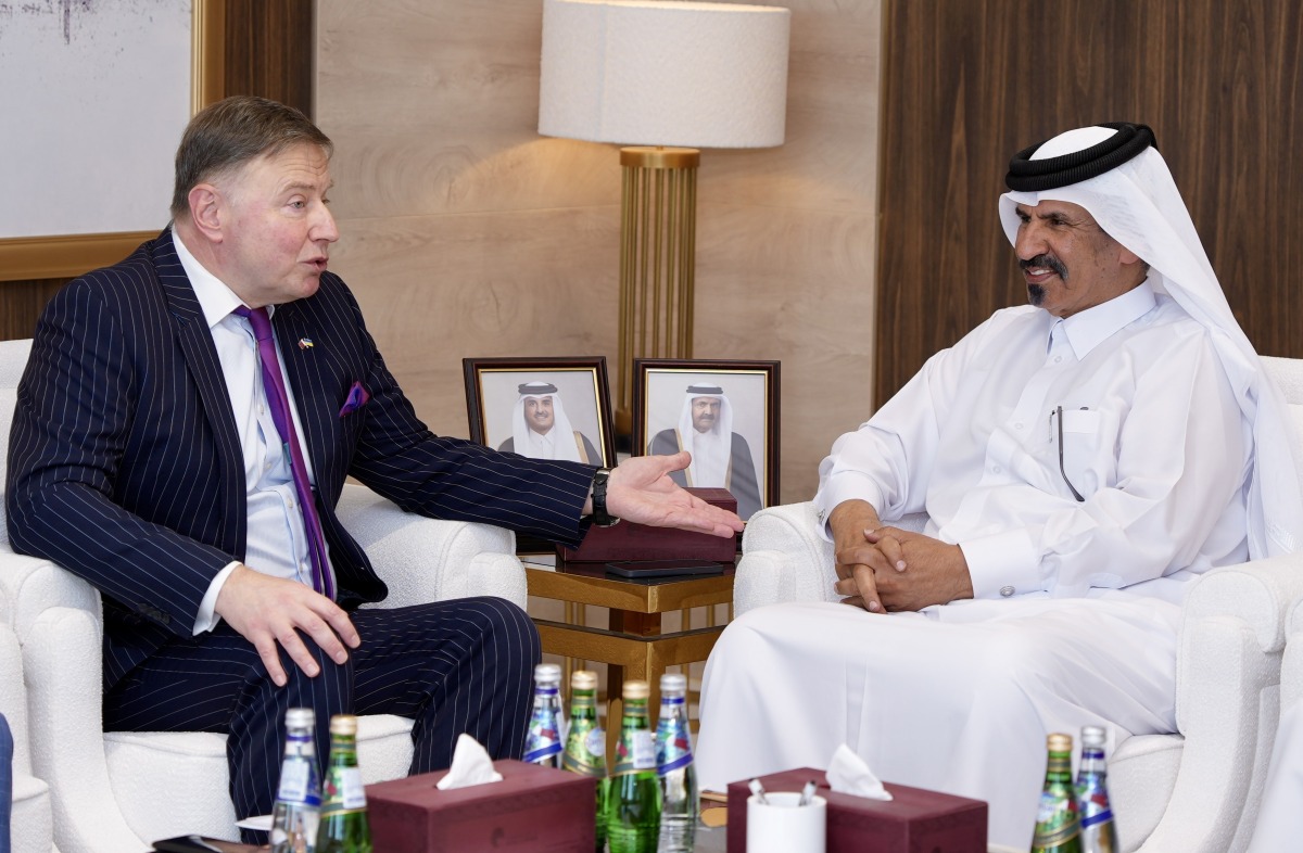 Ambassador of Ukraine to Qatar H E Andrii Kuzmenko with First Vice Chairman of QC Mohamed bin Ahmed bin Twar Al Kuwari during the meeting.