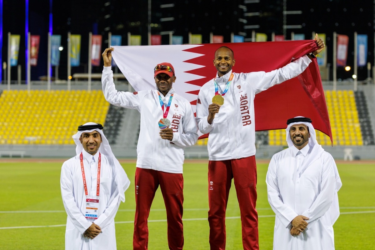 Mutaz Barshim (right) and his father Essa Barshim share a proud moment with their medals after a memorable night at the 4th GCC Games Doha 2026.