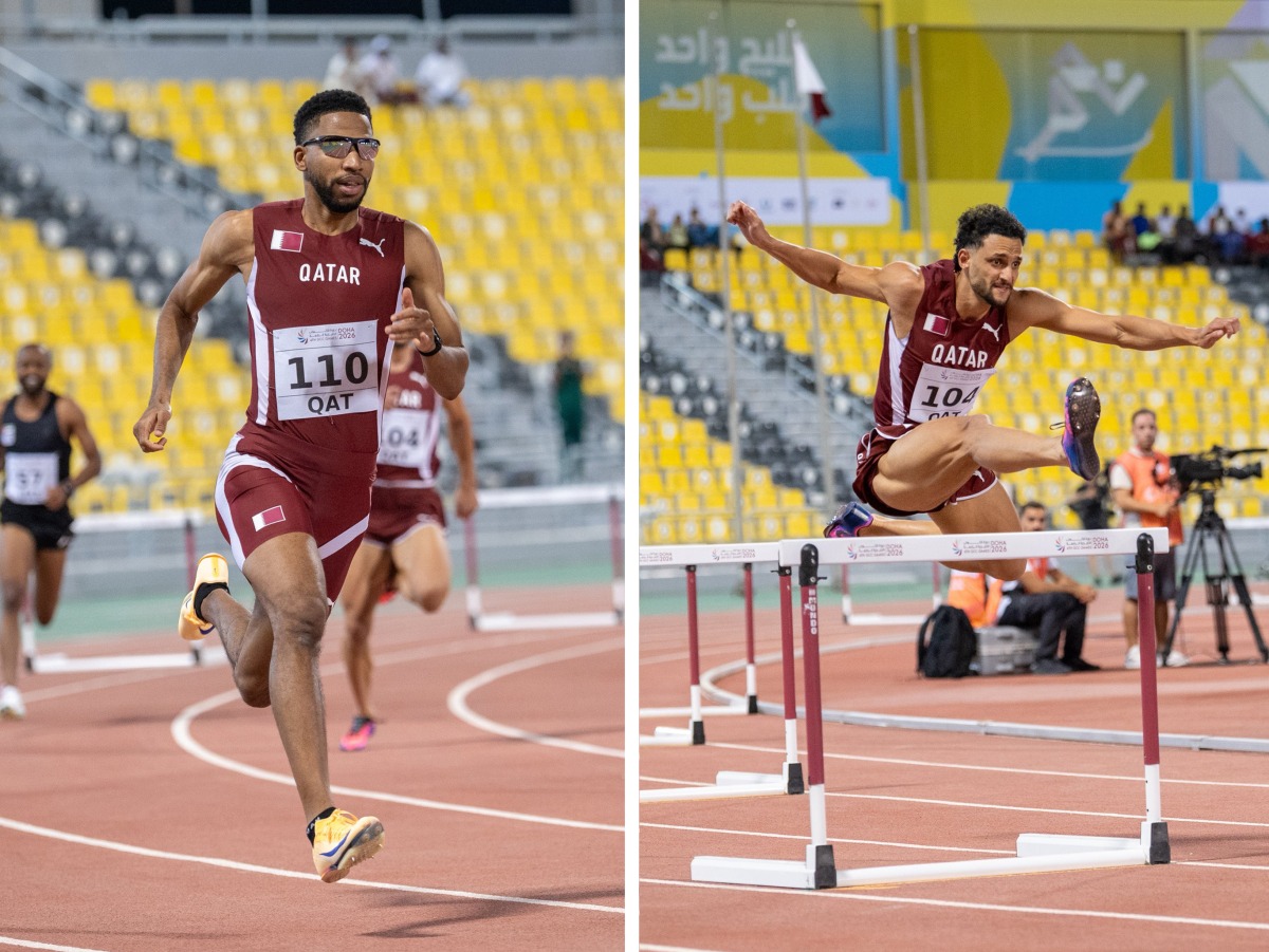 Abderrahman Samba and Bassem Hemeida in action at the men's 400 metres hurdles.
