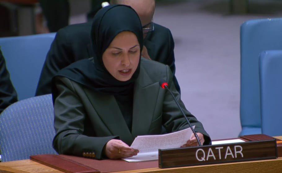 Permanent Representative of Qatar to the United Nations H E Sheikha Alya Ahmed bin Saif Al-Thani speaking during the UN Security Council debate.