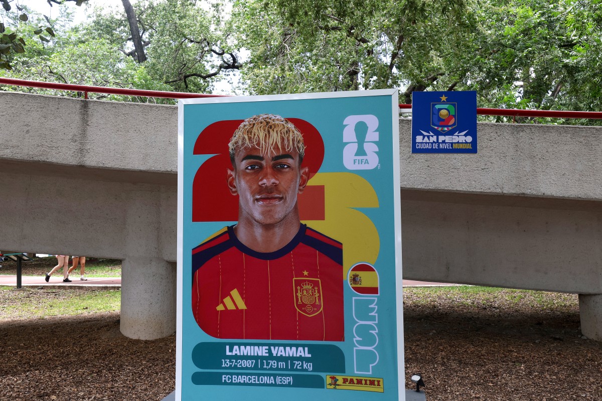 A big Panini sticker depicting Spain's forward Lamine Yamal is pictured in San Pedro Garza Garcia on June 9, 2026. (Photo by Julio Cesar Aguilar / AFP)
