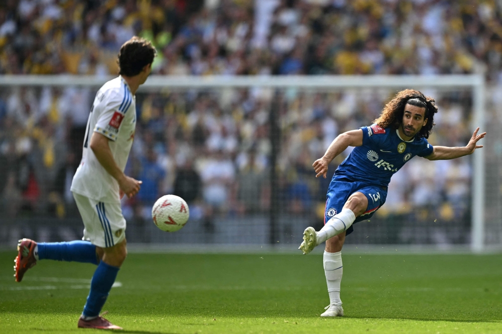 (Files) Chelsea's Spanish defender #03 Marc Cucurella shoots during the English FA Cup semi final football match between Chelsea and Leeds United at Wembley stadium in London, on April 26, 2026. Photo by Ben Stansall / AFP