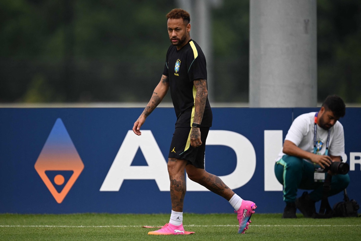 Brazil's forward #10 Neymar takes part in an MD-1 training session at Columbia Park Training Facility in Morristown, New jersey, on June 18, 2026, on the eve of the World Cup 2026 Group C football match between Brazil and Haiti. (Photo by MAURO PIMENTEL / AFP)