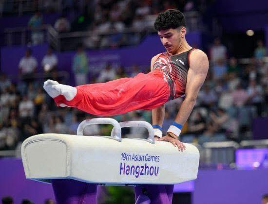 Rakan Al Harith competes during the Pommel Horse event. 