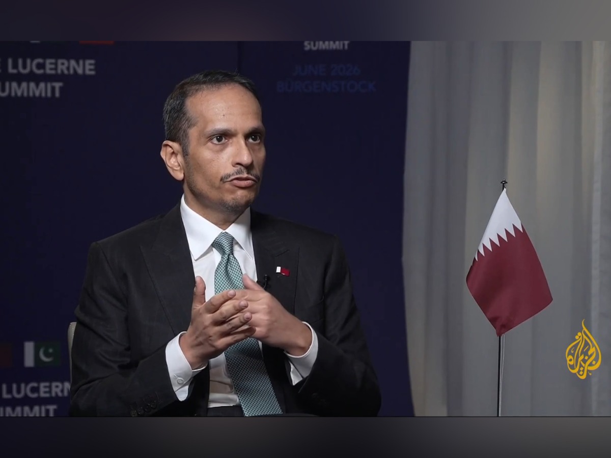 Prime Minister and Minister of Foreign Affairs H E Sheikh Mohammed bin Abdulrahman bin Jassim Al-Thani speaking during the interview.
