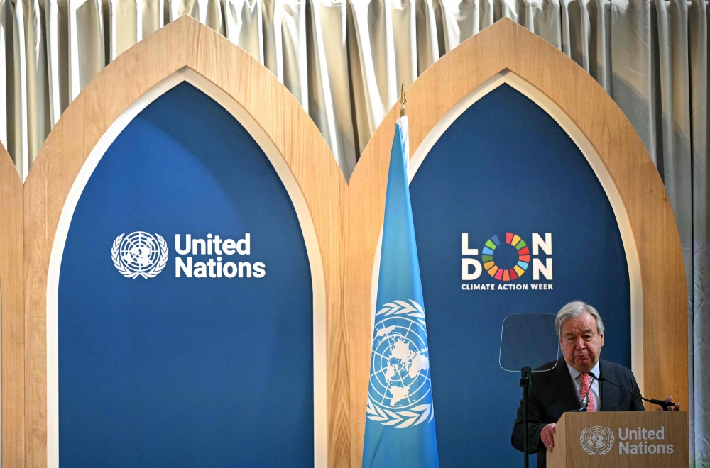 United Nations (UN) Secretary-General Antonio Guterres delivers a speech during the Climate Innovation Forum, at the Guildhall in central London, on June 23, 2026. (Photo by JUSTIN TALLIS / AFP)