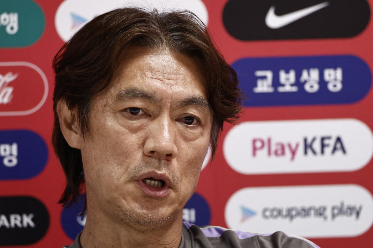 South Korea's head coach Hong Myung-bo gives a press conference at Chivas Verde Valle in Guadalajara, Mexico on June 25, 2026, during the 2026 World Cup football tournament. (Photo by Ulises RUIZ / AFP)
