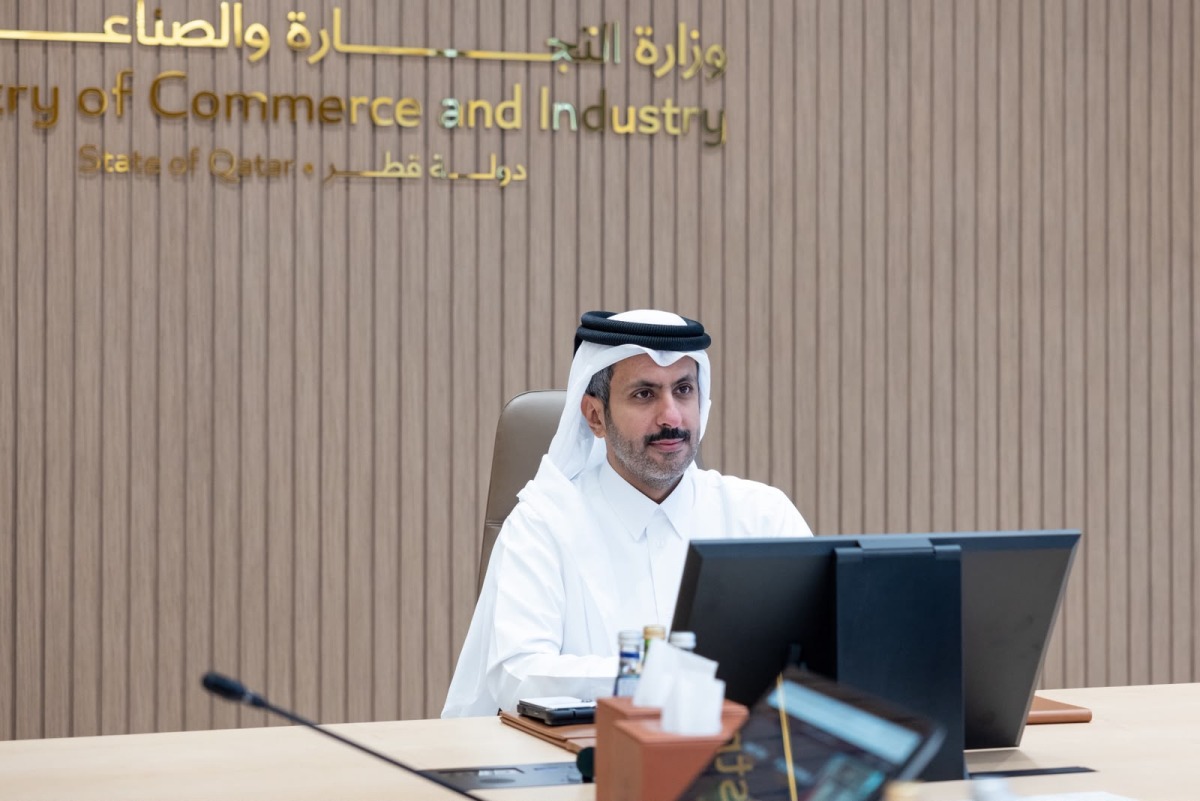 Minister of Commerce and Industry H E Sheikh Faisal bin Thani bin Faisal Al Thani during the virtual meeting.