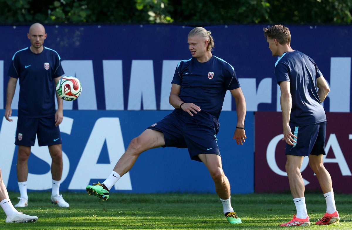 Norway’s Erling Haaland takes part in a training session. (AFP)