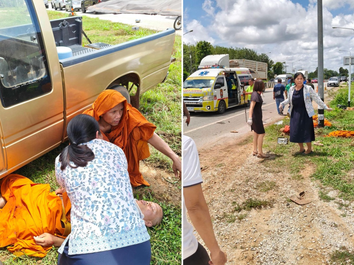 This handout photo taken and released on July 2, 2026, by Parichat Kochakueng shows friend and nurse Wiwat Laonoi assisting injured Buddhist monks. Photo by Parichat Kochakueng / AFP